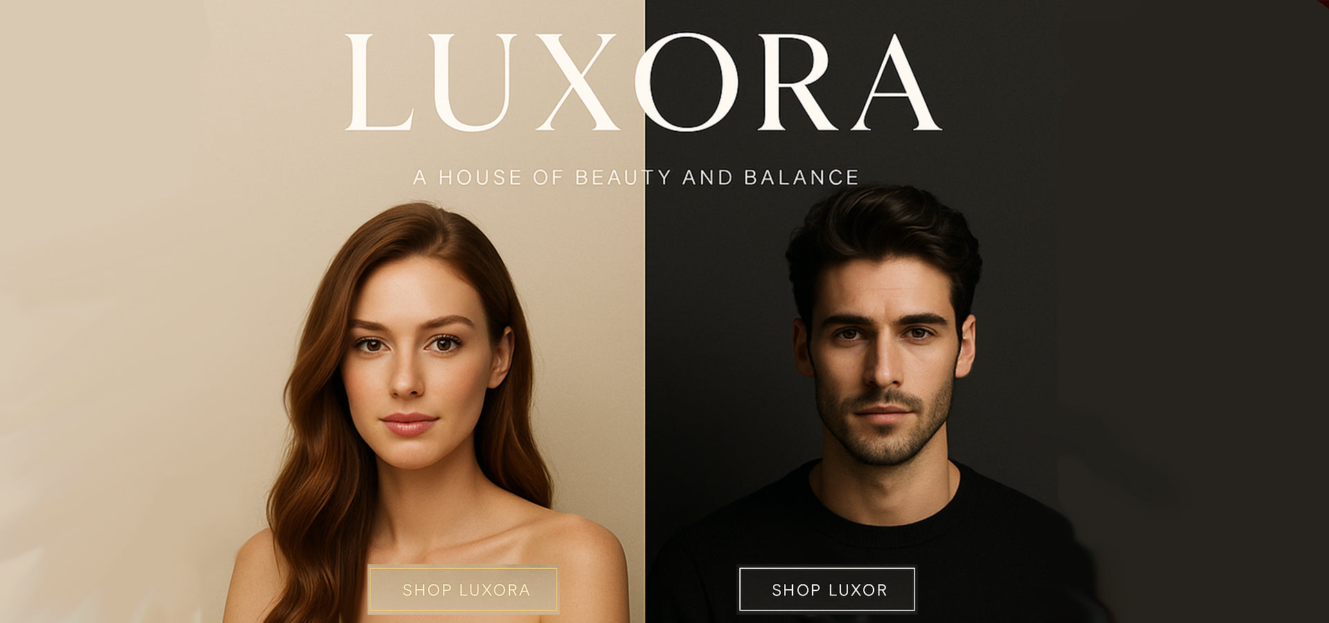 Main mobile page with heading Luxora a house of beauty and balance. A red head women with beige clothes and beige background with a box bellow that says shop Luxora. A man in black with black background and black hair with box bellow that says shop luxor