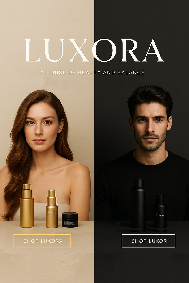 Main mobile page with heading Luxora a house of beaty and balance. A red head women with beige clothes on beighe background with 3 products and a box that says shop Luxora. A man in black with black background and black hair with 2 black bottles of products with box that says shop luxor