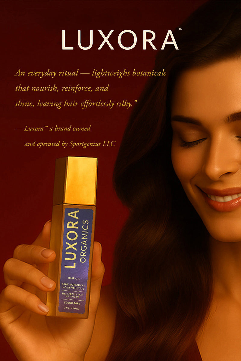 Advertisement of Woman holding a Luxora hair oil product (eyes closed) with brand description on a red background. The bottle is gold oil with purple label that has gold written saying Luxora organics 60 ML 